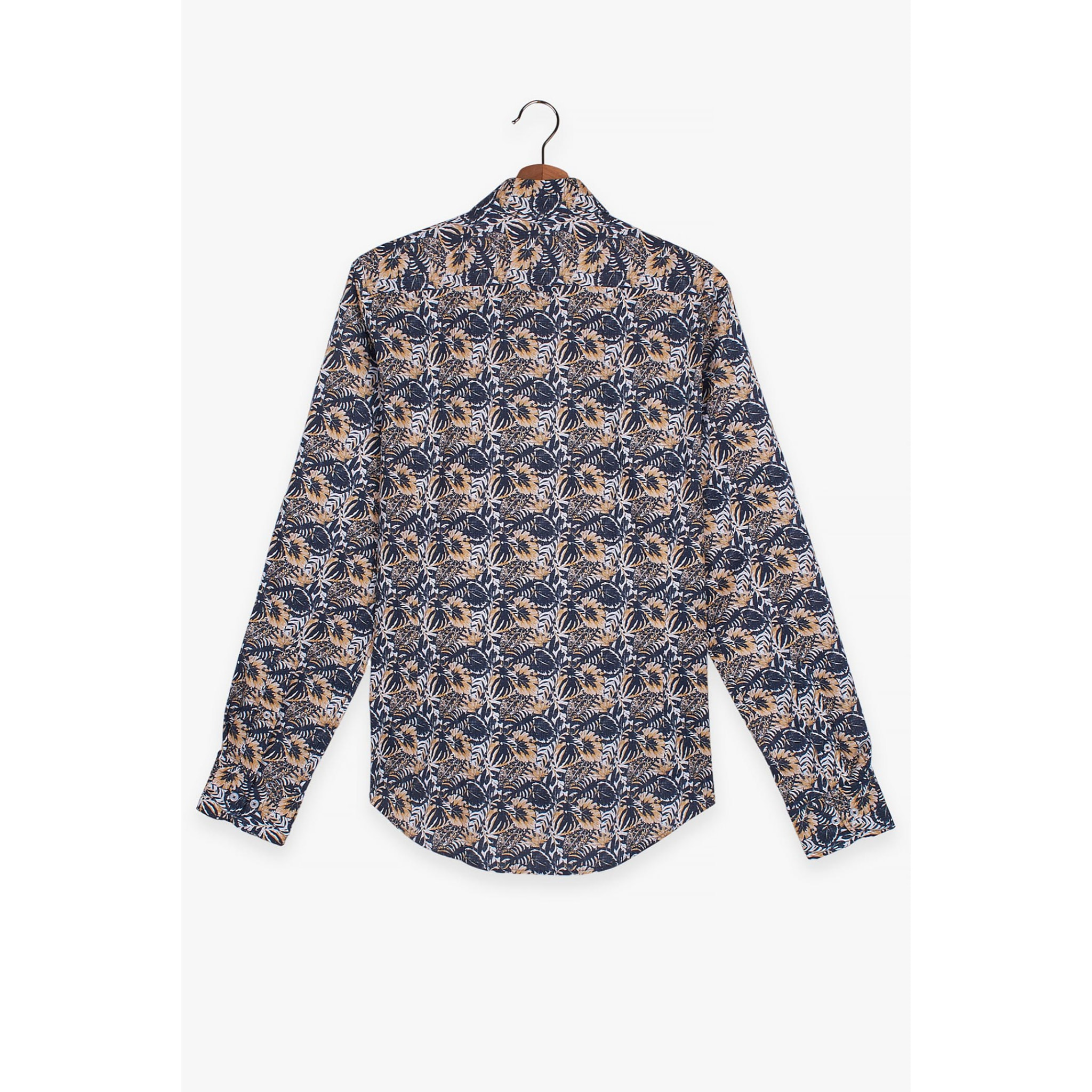 camicia uomo 1 bottone button down slim Popeline Stampato Blu e Arancio Chiaro