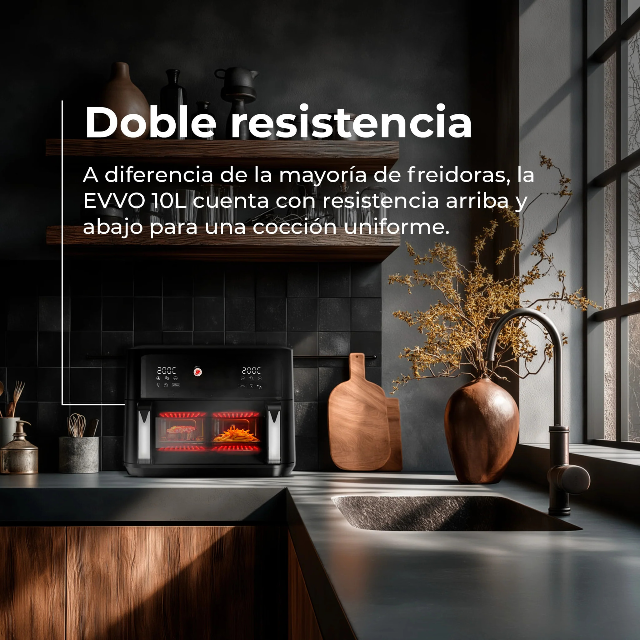 Freidora sin aceite EVVO Tasty Fryer Advance Duo 10L, capacidad 10 l, hasta 200ºC, 2900W, panel táctil, doble cesta, doble resistencia