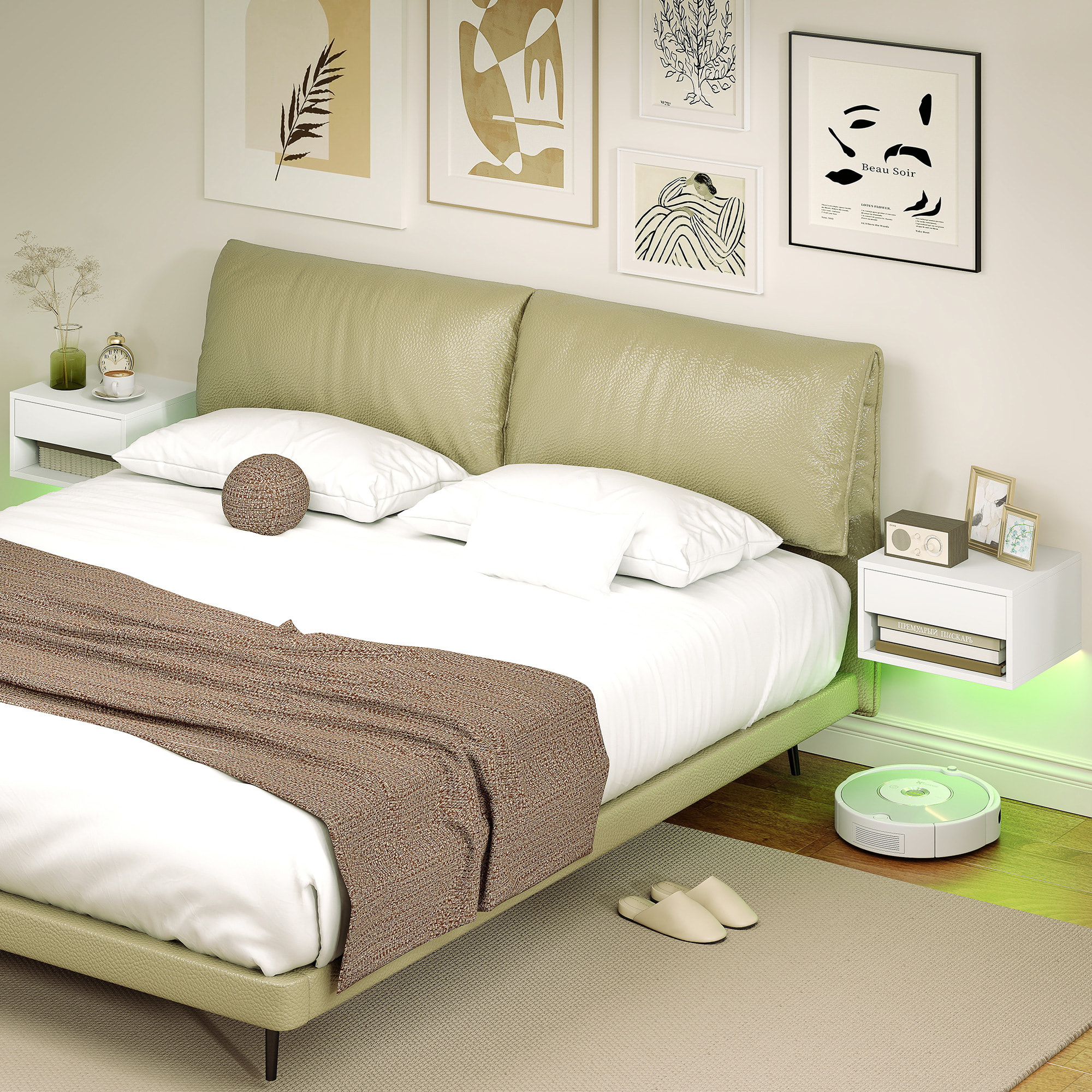 Juego de 2 Mesitas de Noche Flotantes con Luces LED RGB Control de APP, Mesillas de Noche Dormitorio con Cajón, Estante Abierto, para Sala de Estar, 37x32x21 cm, Blanco