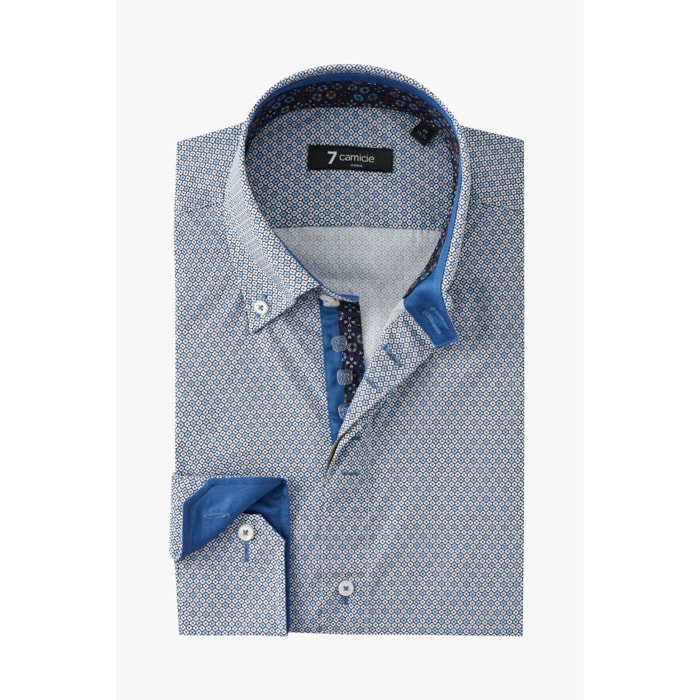 Camicia Uomo 2 Bottoni Button Down Slim Popeline Stampato Bianco/Celeste