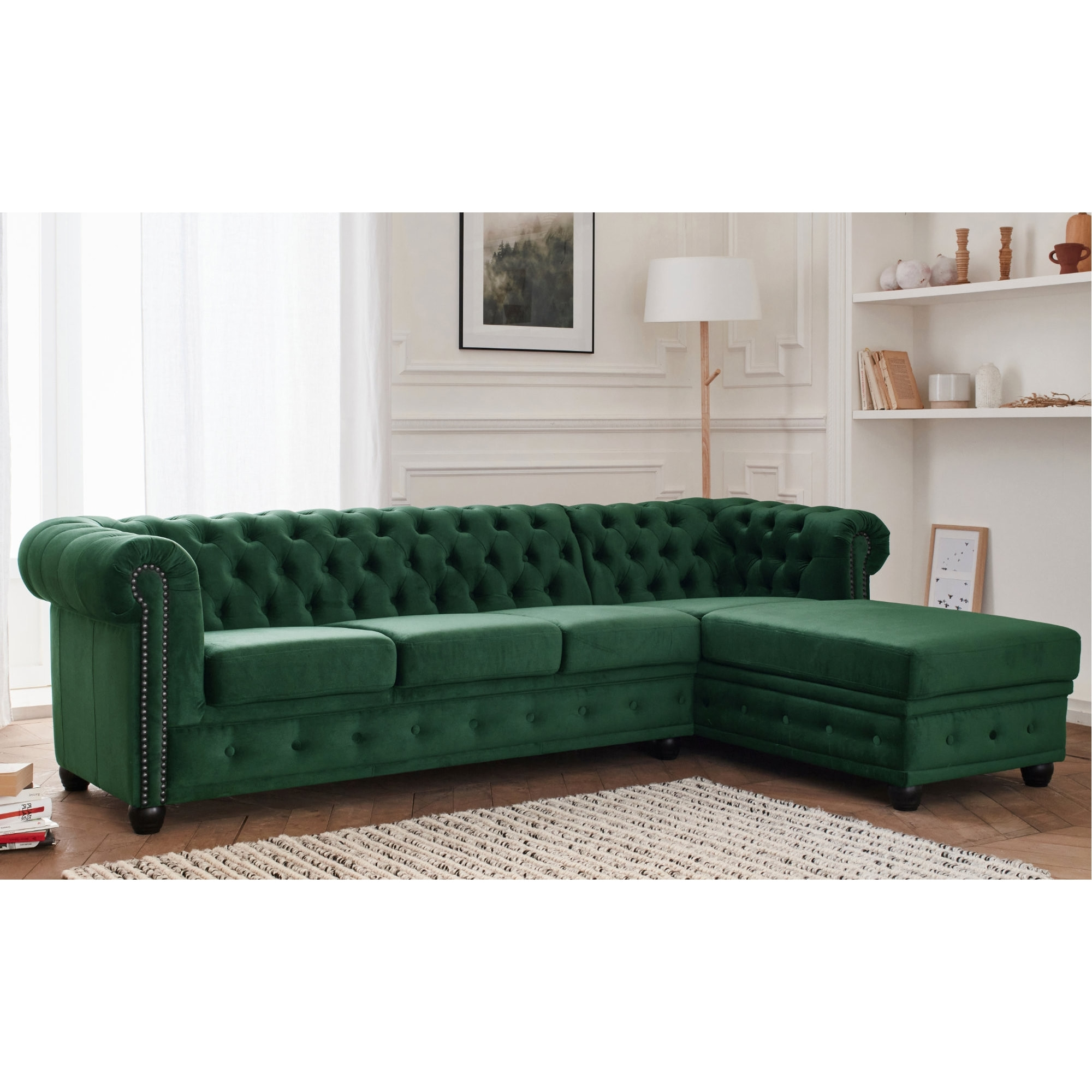 William - canapé Chesterfield d'angle droit - 4 places - en velours - Vert