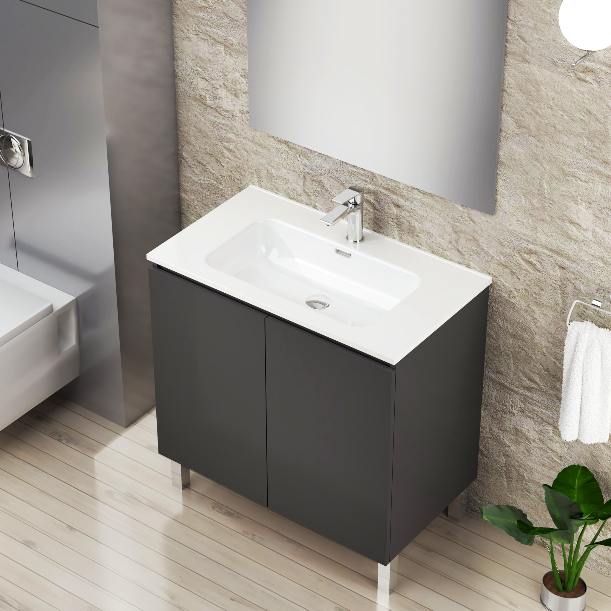 Ensemble de Salle de Bain Lust | 80 cm Noir Mat | Deux Portes | Lavabo Encastré | N'inclut pas le Miroir | Meuble Assemblé | Alday
