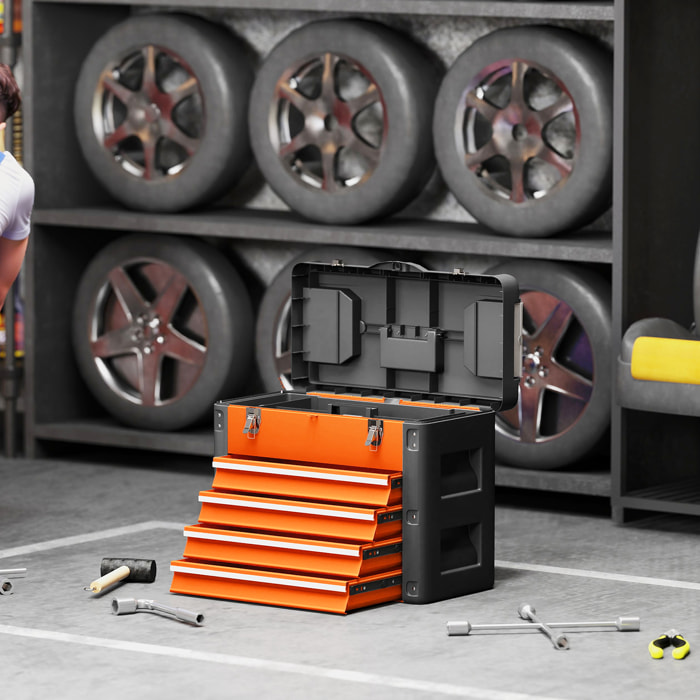 Boîte à outils 4 tiroirs plateau amovible 2 boites visserie acier PP noir orange