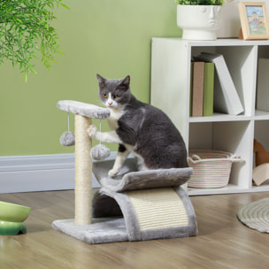 Arbre à chat design - griffoir, grattoir - jeu 2 boules rotatif, panier, tunnel - sisal peluche grise
