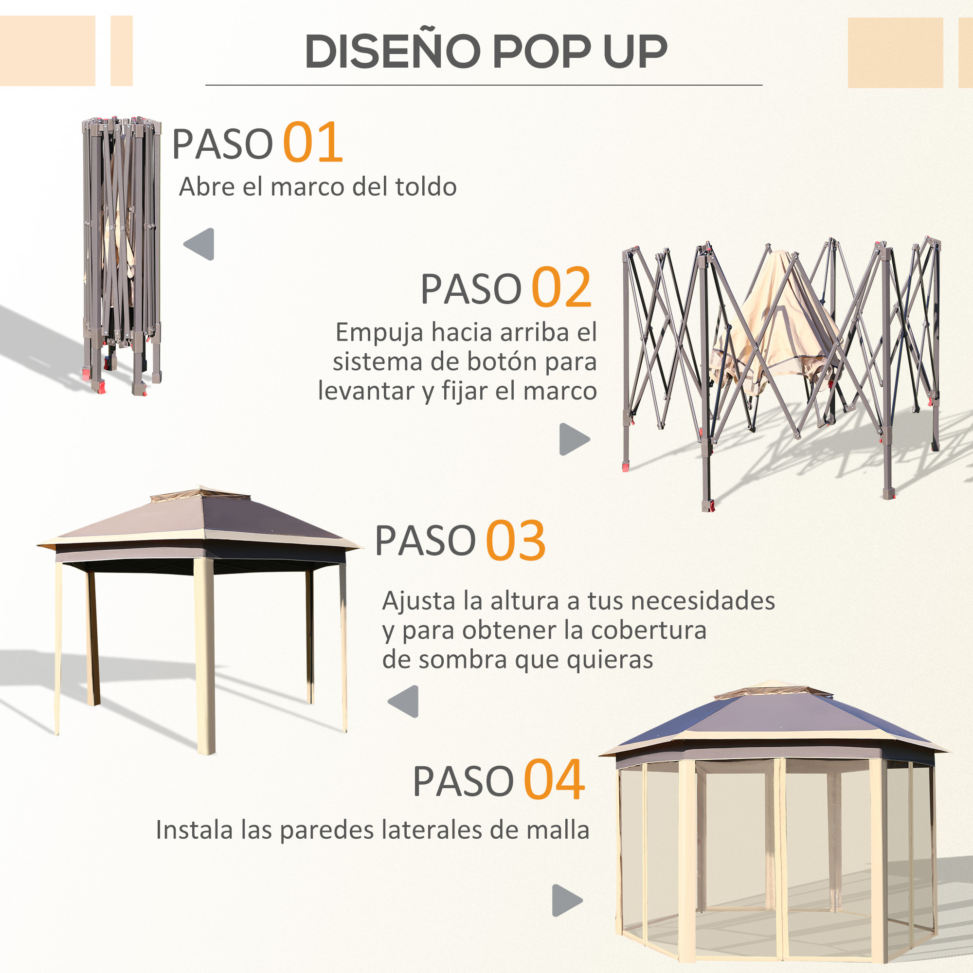 Carpa Plegable 4x3,4x2,85 m Cenador de Jardín Hexagonal con Doble Techo 6 Mosquiteras Desmontables Bolsa de Transporte Altura Ajustable en 3 Niveles y Anti-UV Gazebo para Fiesta Patio Beige
