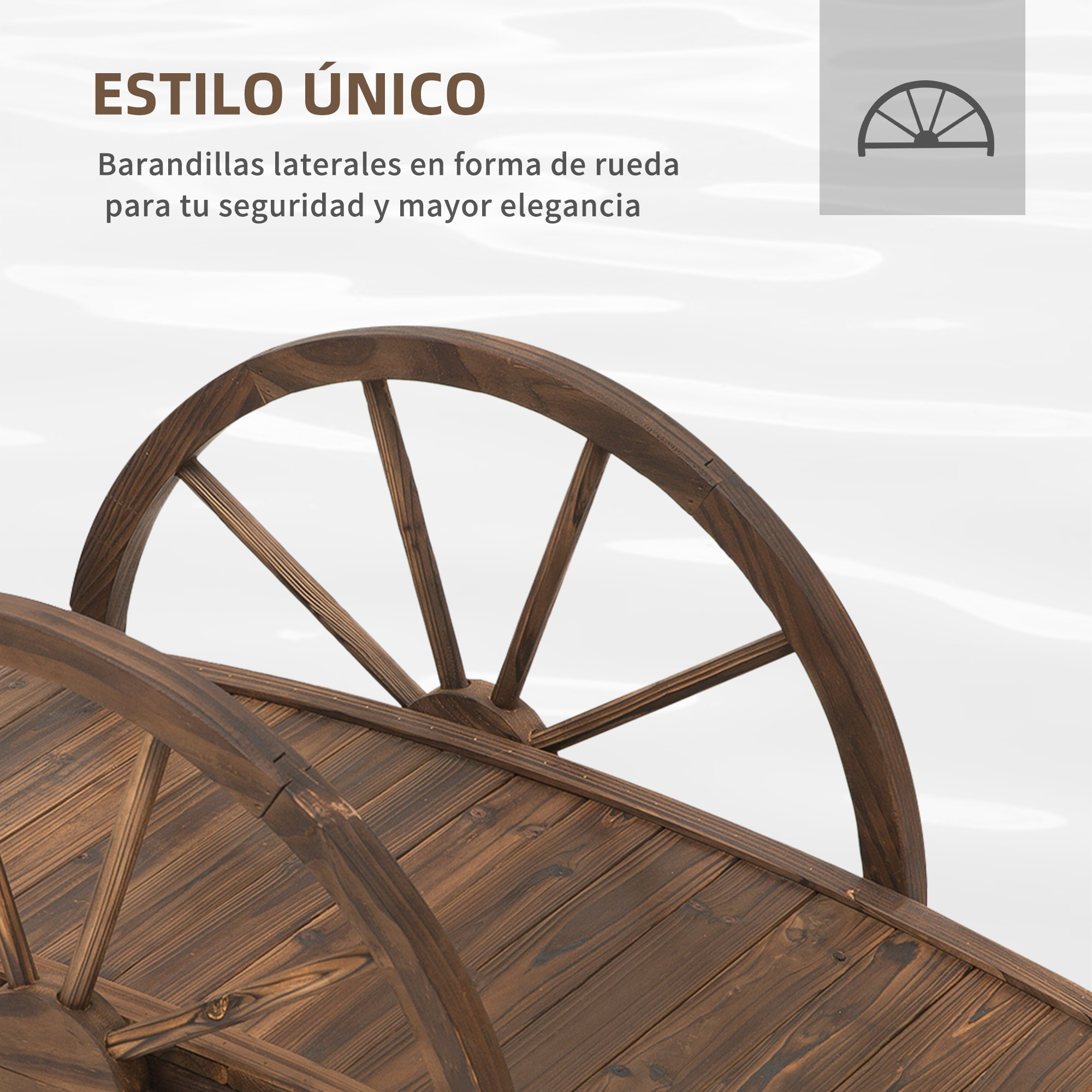 Puente de Jardín Puente de Madera con Barandillas en Forma de Rueda Puente para Estanque Carga 150 kg Puente Decorativo para Patio 100x50x37 cm Madera Carbonizada