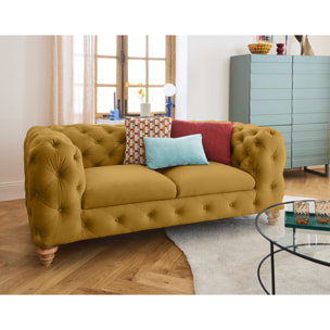 Walter - canapé 2 places chesterfield en velours - pieds bois - Jaune