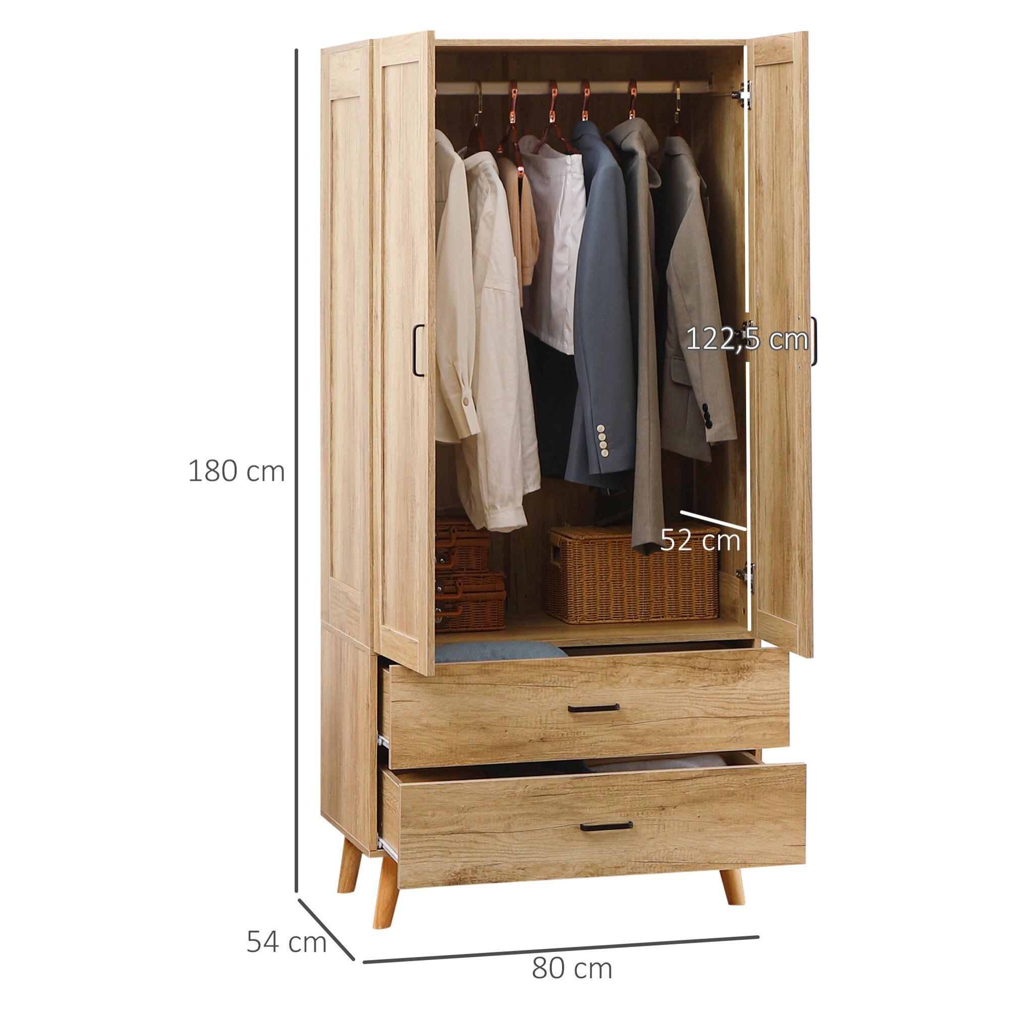 Armoire de rangement design scandinave - armoire de chambre - placard 2 portes avec penderie - 2 tiroirs - aspect chêne clair