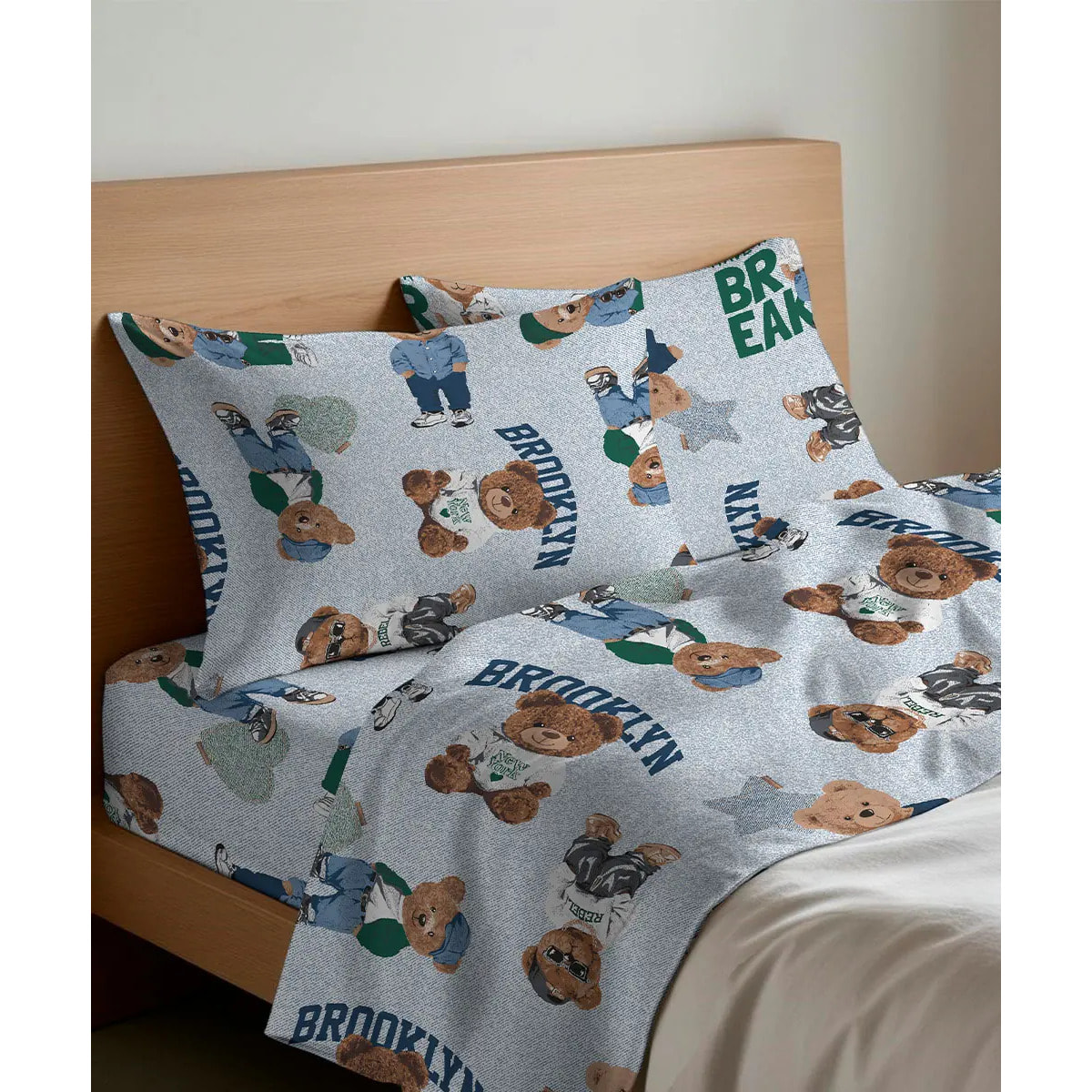 Coppia Federe per cuscini letto TEDDY AZZURRO 100% Cotone e Made in Italy orsetto peluche