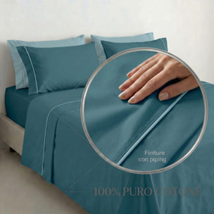 Completo Lenzuola in 100% Cotone con Piping Elegante, Set Letto Morbido e Traspirante con Lenzuolo Sopra, Sotto con Angoli Elasticizzati e Federa Coordinata