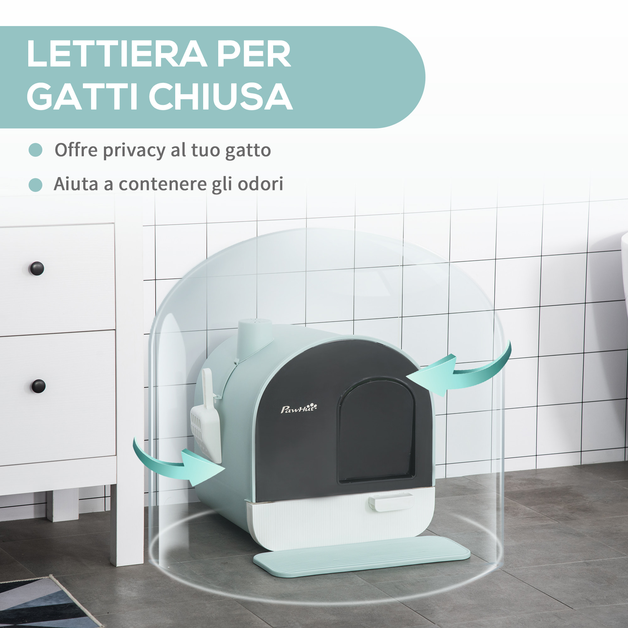 PawHut Lettiera per Gatti Chiusa con Filtri, Paletta e Vassoio Removibile, Struttura in PP, 43x44x47cm, Verde