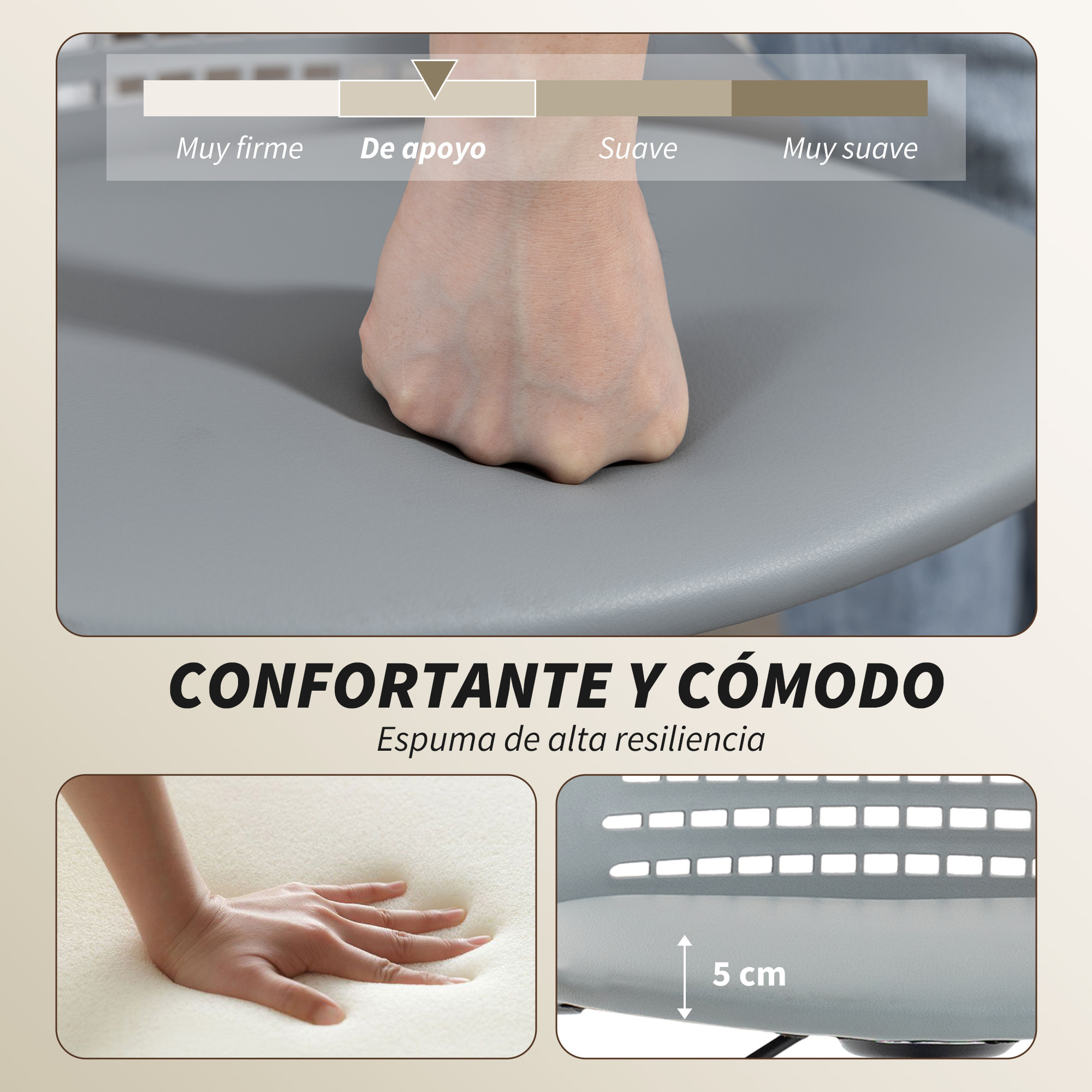 Silla de Escritorio sin Brazos, Silla de Oficina Giratoria, con Respaldo Hueco, Asiento Acolchado de Espuma de Alta Resiliencia, Altura Ajustable, Gris