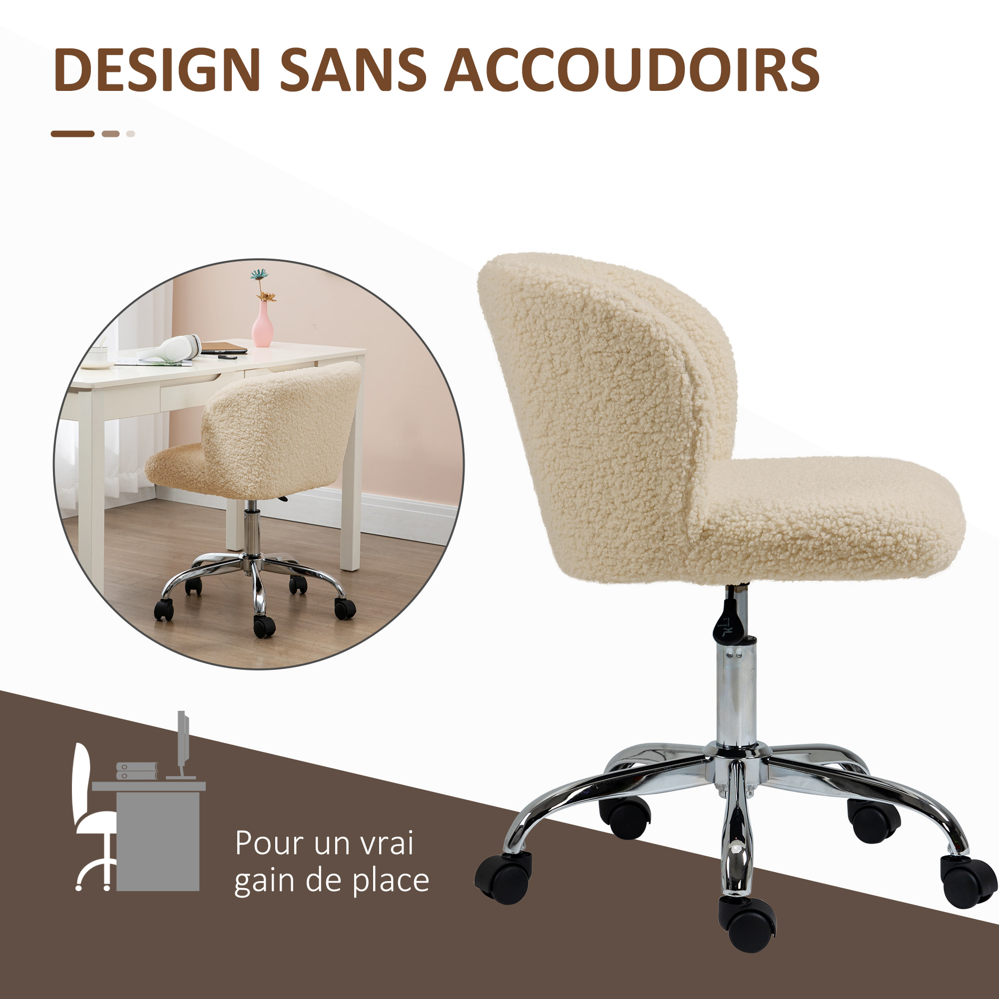 Chaise de bureau design - hauteur réglable, pivotante - piètement acier chromé revêtement effet laine bouclée terre de sienne