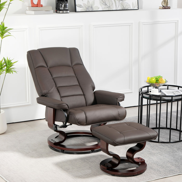 Fauteuil relax inclinable pivotant réglable avec repose-pied bois revêtement synthétique chocolat