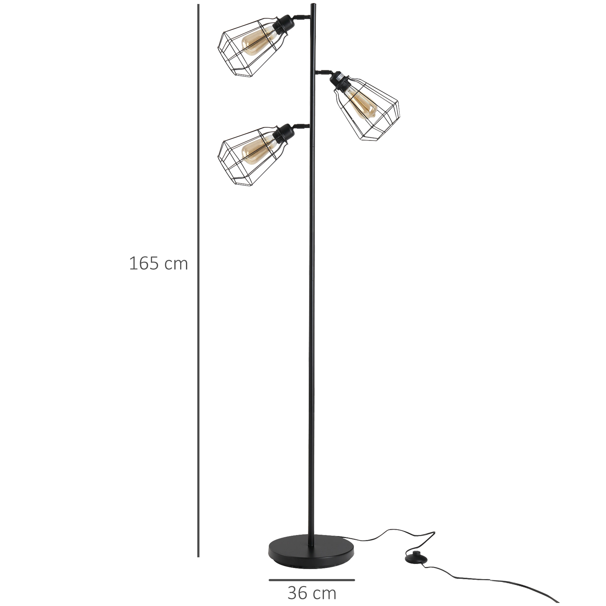 Lampadaire design industriel 3 ampoules max. 40 W abat-jour cage métal noir