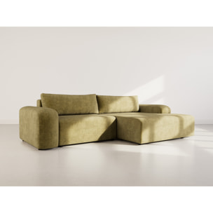 Rebecca - canapé d'angle droit 4 places convertible avec coffre en velours texturé - Vert Olive