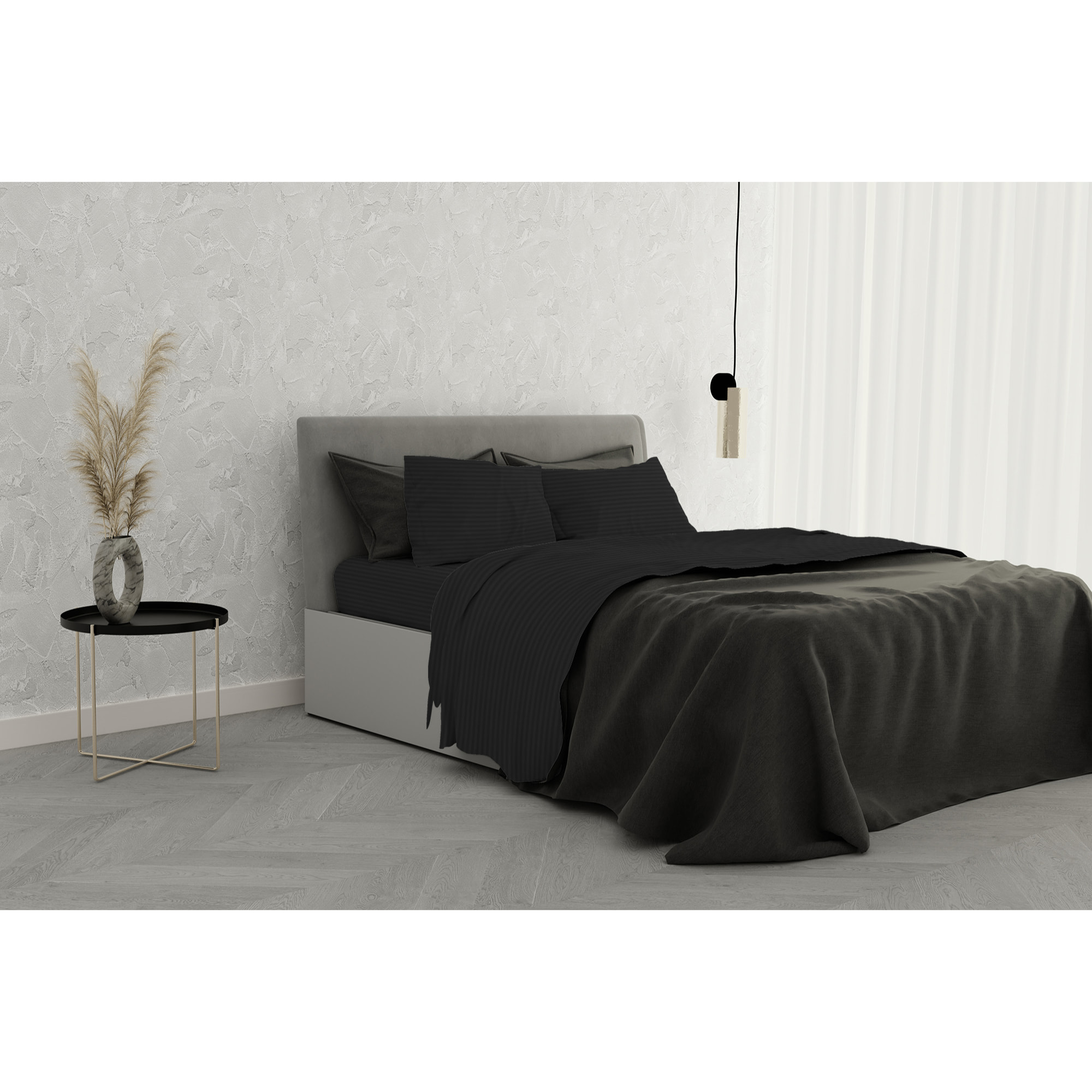 COMPLETO LETTO SATIN STRIPES RASO DI POLIESTERE MADE IN ITALY - MATRIMONIALE NERO