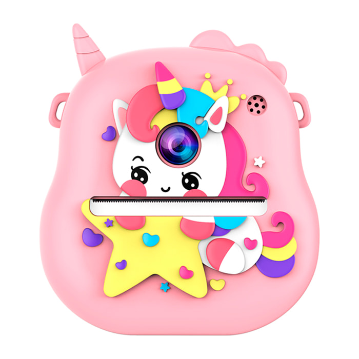 Cámara infantil de 50MP, video de 1080p, camara dual, pantalla de 2" y zoom digital 16x. Con impresión instantánea. Diseño unicornio.