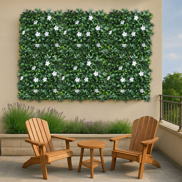 Well home jardín vertical artificial, panel de seto 100x100cm, para decoración interior y exterior - de hojas verdes y flores blancas