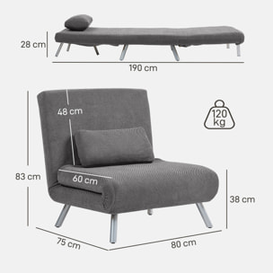 Sofá Cama de 1 Plazas 3 en 1 Sillón Cama Plegable Tapizado en Chenilla con Respaldo Ajustable de 5 Niveles y Almohada Acolchada para Oficina Dormitorio Salón 80x75x83 cm Negro