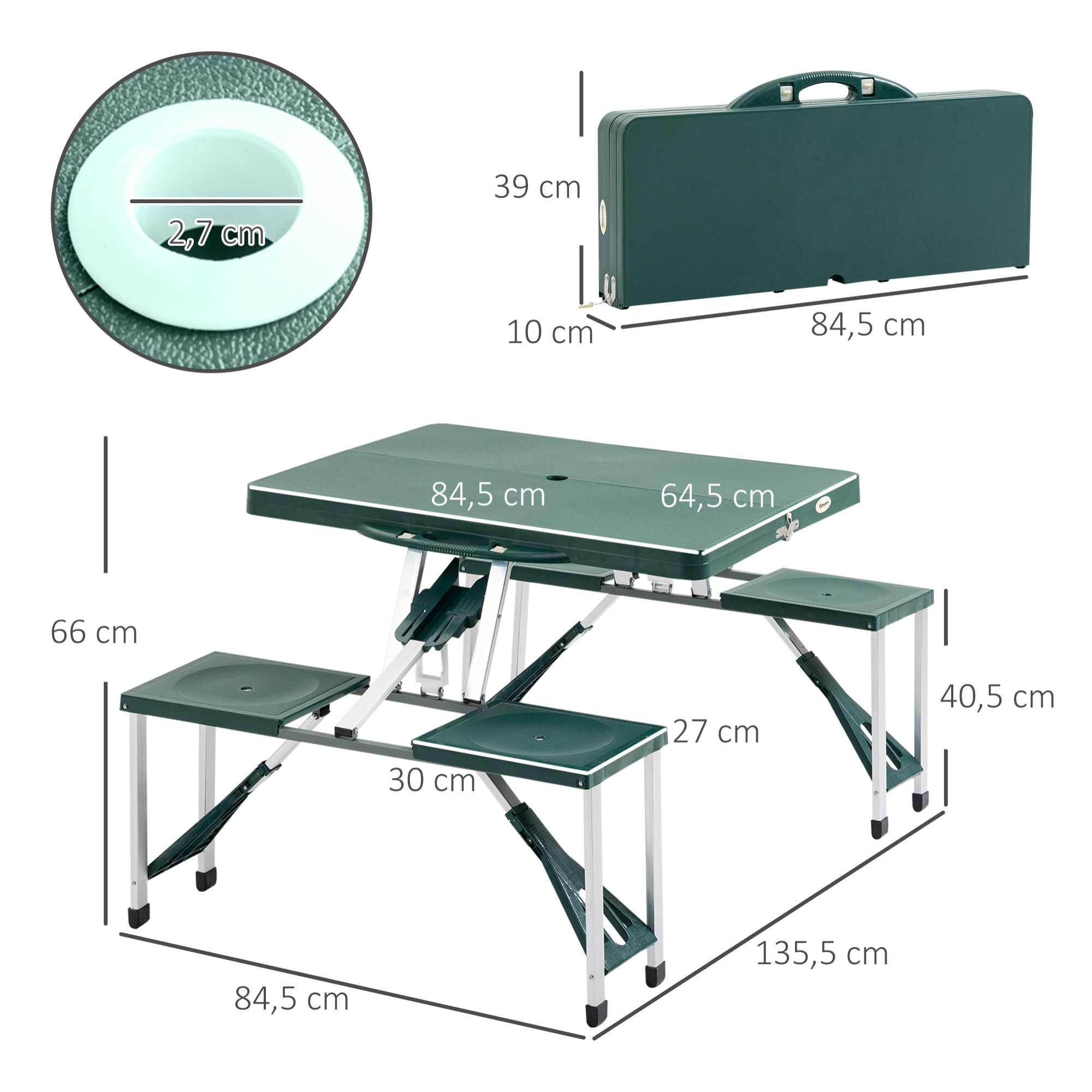 Mesa Plegable de Camping con 4 Asientos y Agujero para Sombrilla Picnic y Playa