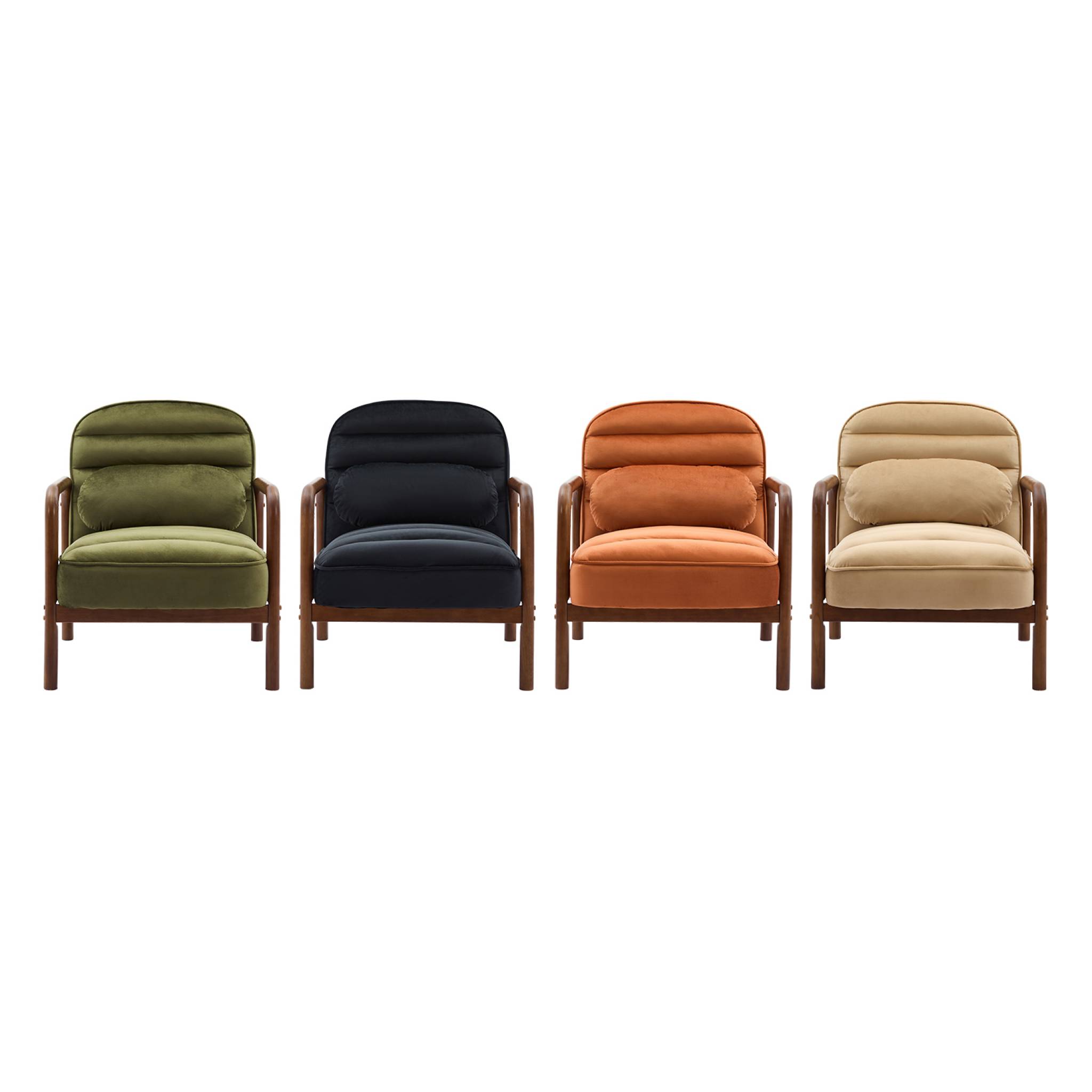 Fauteuil scandinave bois d'hévéa teinté noyer et tissu velours kaki