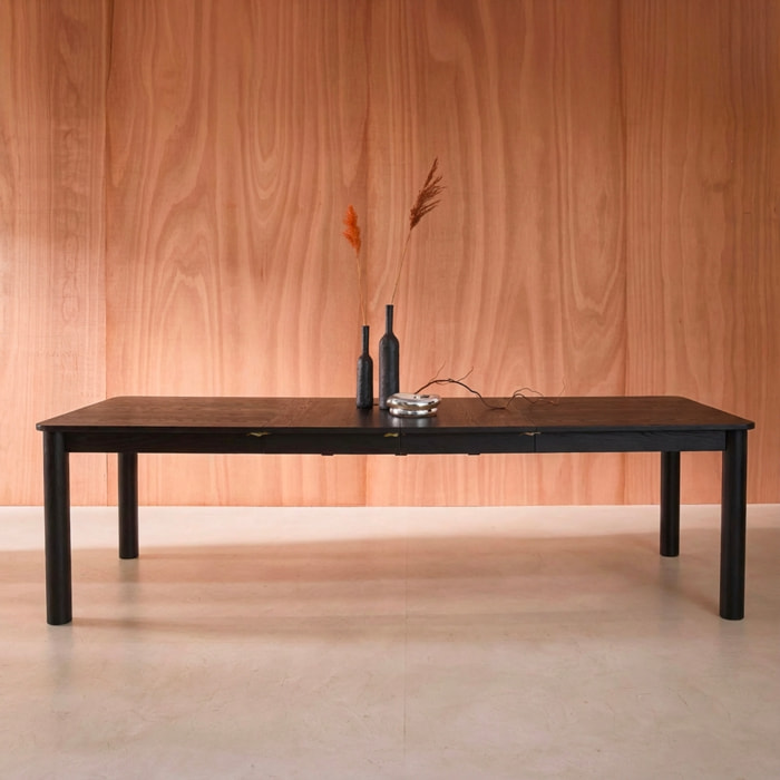 Table à manger rectangulaire extensible bois d'hévéa et placage chêne noir 6 à 10 places - 170-270cm - Solene