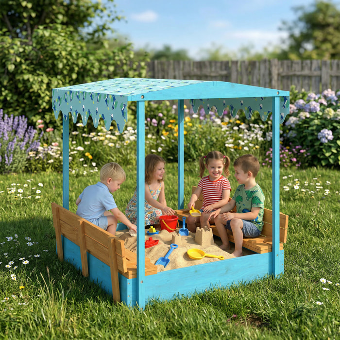 Bac à sable enfant couvercle siège pliable auvent bois bleu