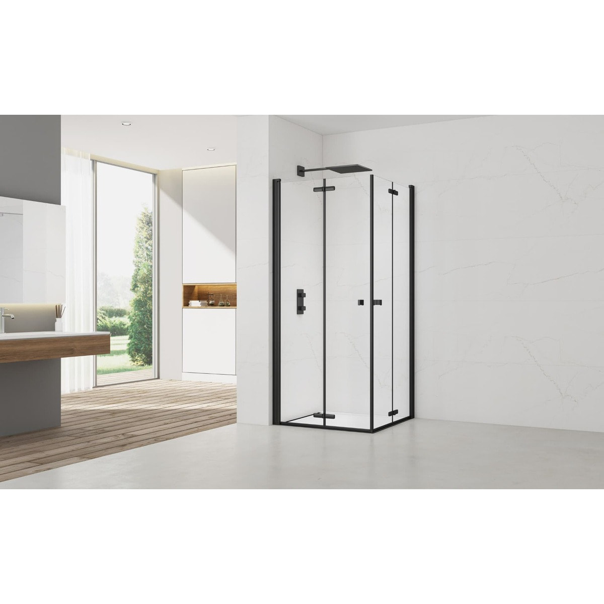 SAT SK  Porte de douche acces en angle pliantes 90x90cm  anticalcaire avec profilés noir mat (SATSK9090C)