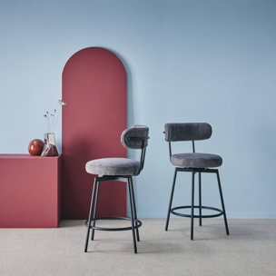 Lot de deux tabourets de bar assise rotative métal noir et tissu gris - L 50 x P 50 x H 92cm - Iris