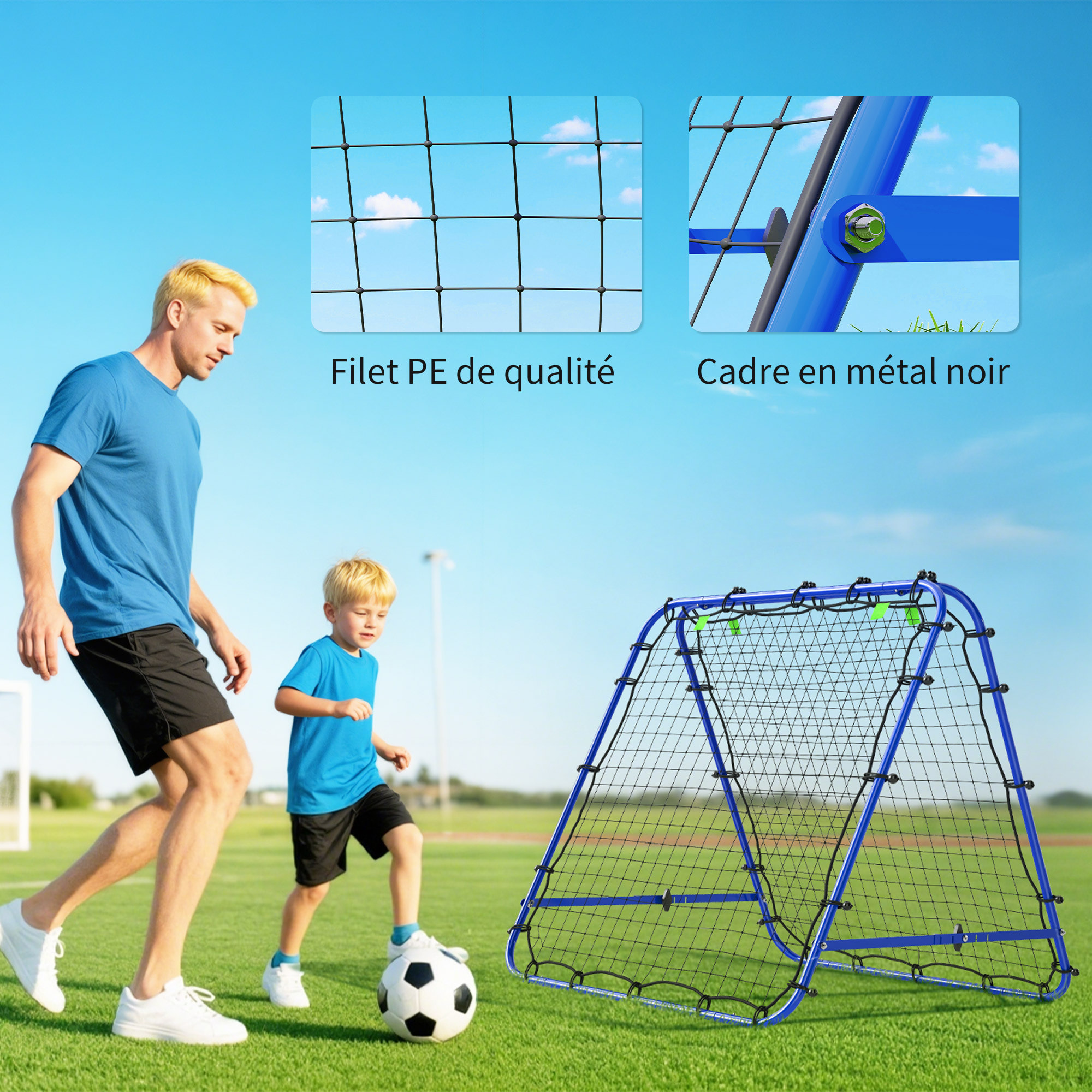 Filet de rebond double face pliable réglable 91 x 91 cm - rebondisseur football - acier PE bleu