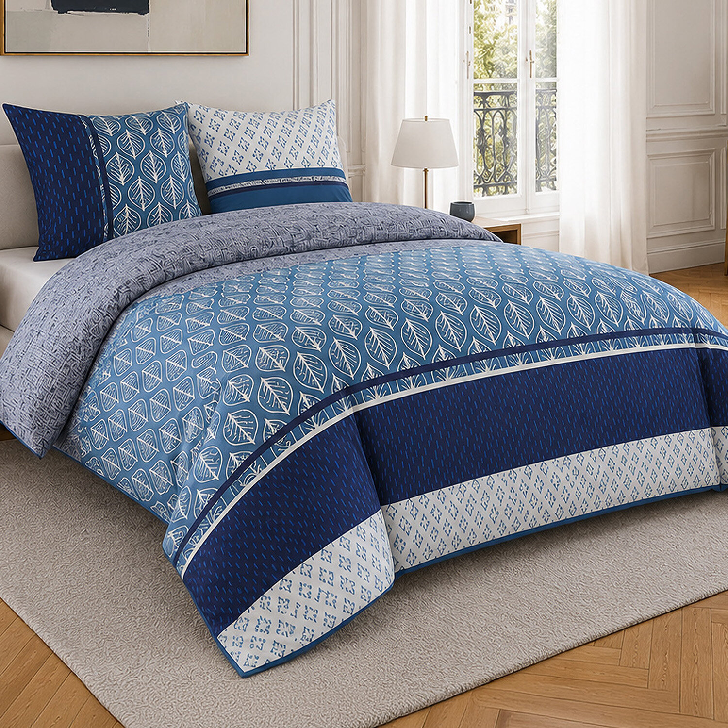 Parure housse de couette 100% percale de coton motif feuilles et graphique - TOMY