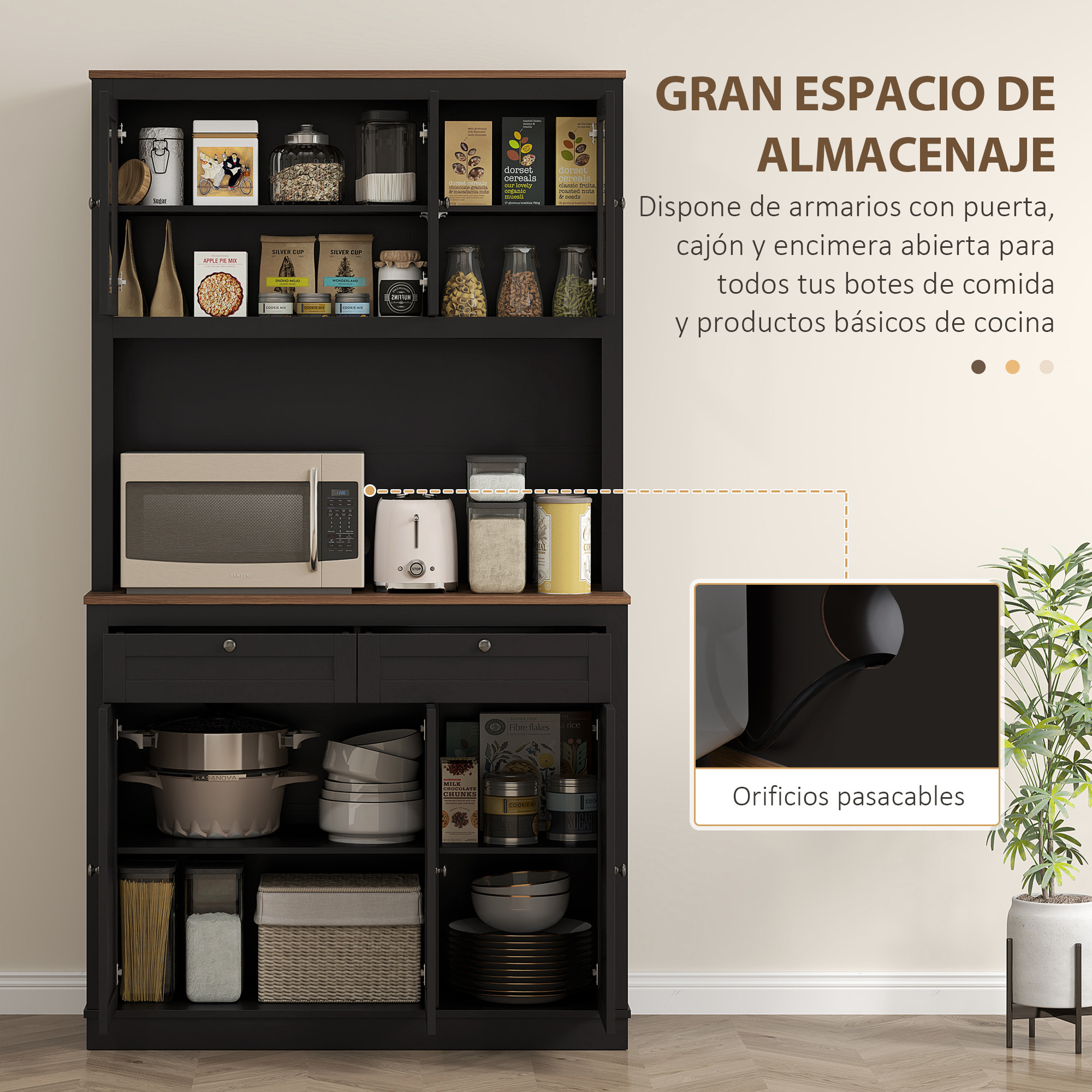 Alacena de Cocina, Mueble Auxiliar de Cocina, con 3 Puertas de Vidrio, Encimera Abierta para Microondas, 2 Cajones y Estantes Ajustables, 100x40x180 cm, Negro