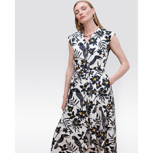 Abito in popeline con stampa a foglie di pappagallo