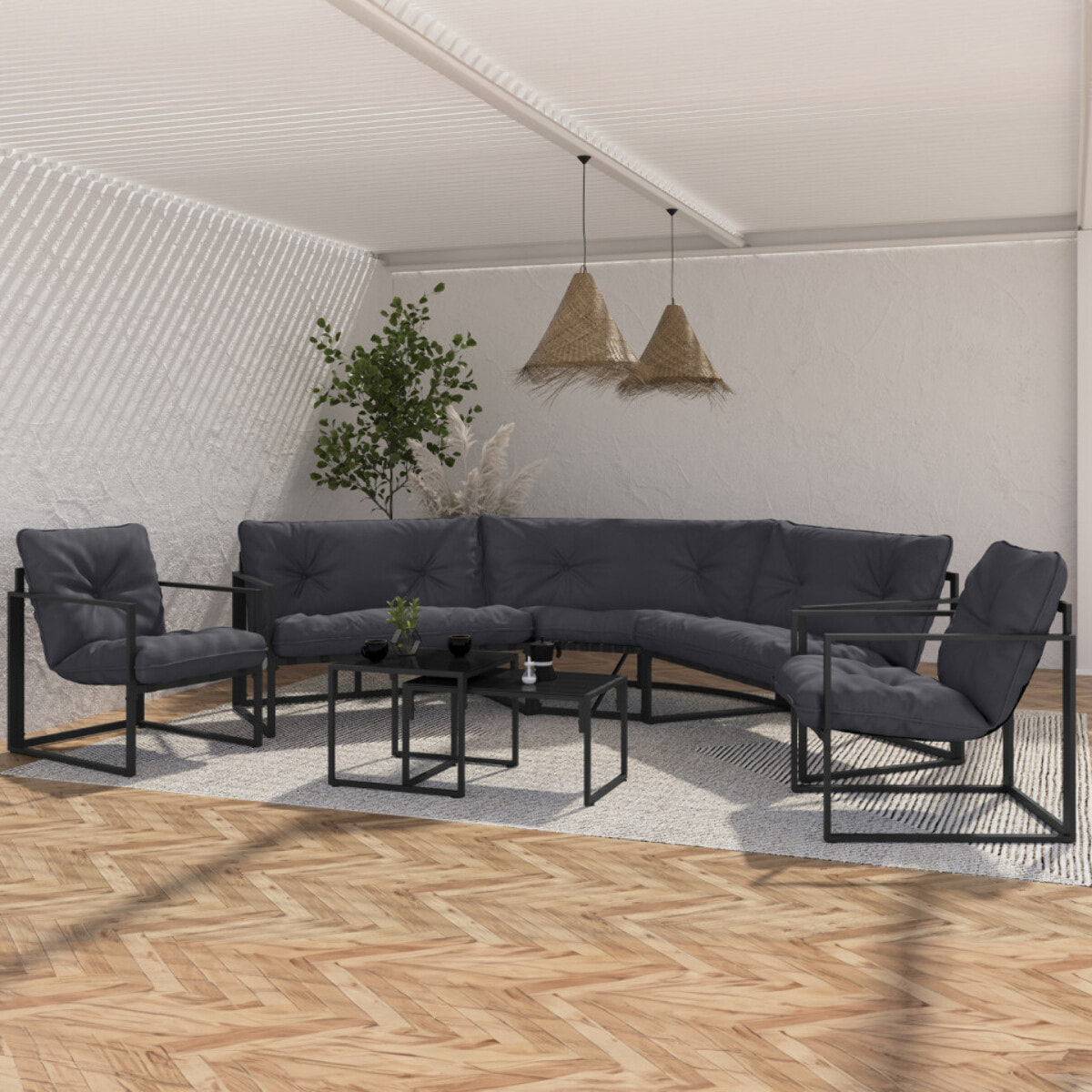 Salon de jardin d'angle Tropéa 8 places avec coussins gris