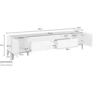 Mobile da soggiorno Porta TV, Made in Italy, Supporto per TV da salotto a 2 ante e 2 cassetti, Cm 200x40h47, Bianco lucido e Acero