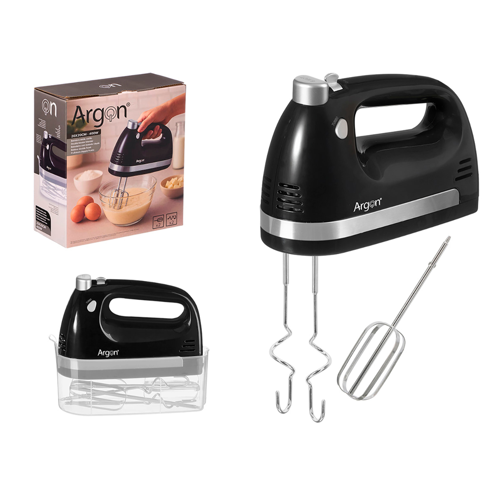 Batidora negra de mano con doble varilla. 5 velocidades con 400W. Incluye acoples para batir y amasar.