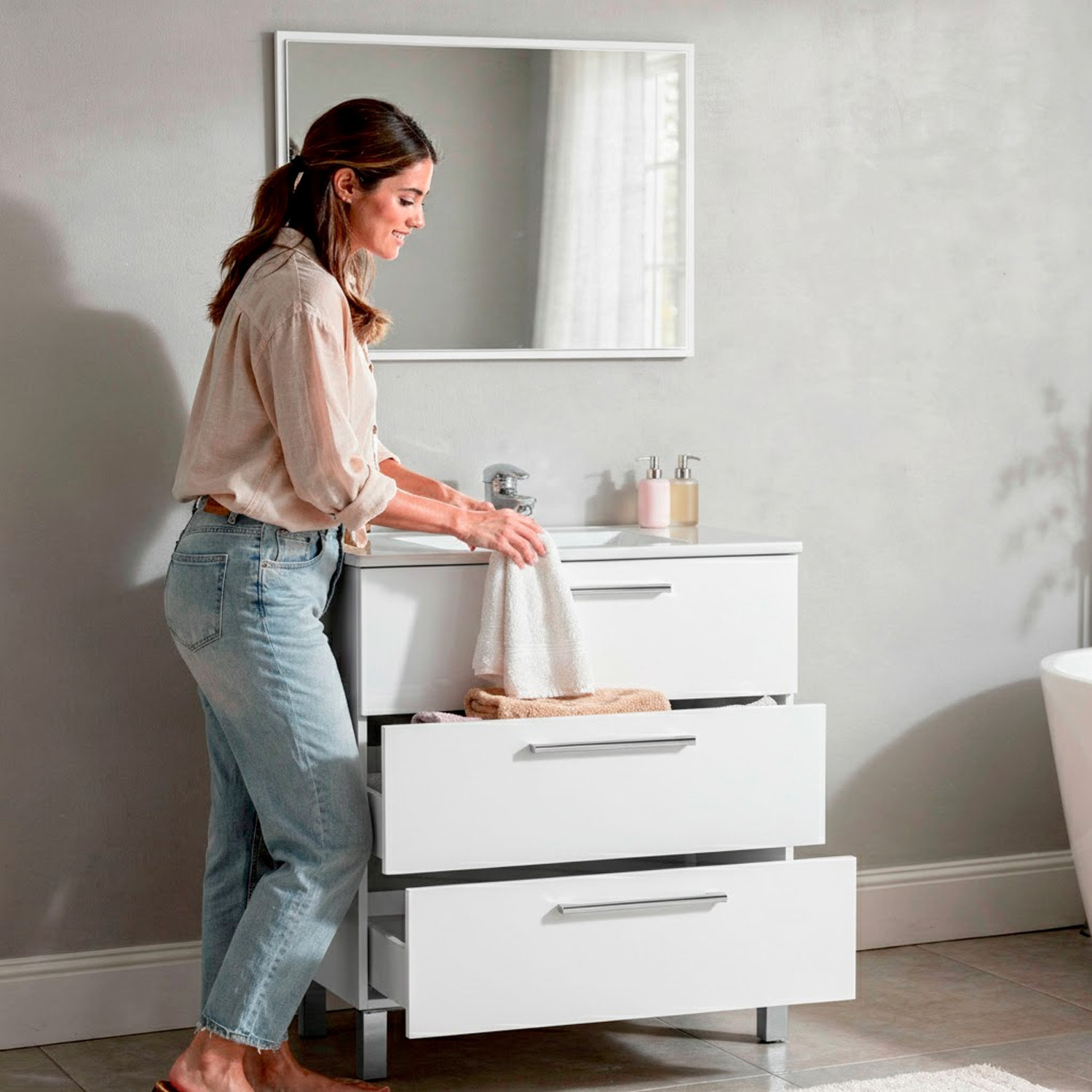 Mobile Bagno A Terra Con 3 Cassetti Lavabo In Ceramica E Specchio 77 x 50 Cm Inclusi Design Moderno Salvaspazio Elegante 80 x 45 x 86 Cm Colore Bianco