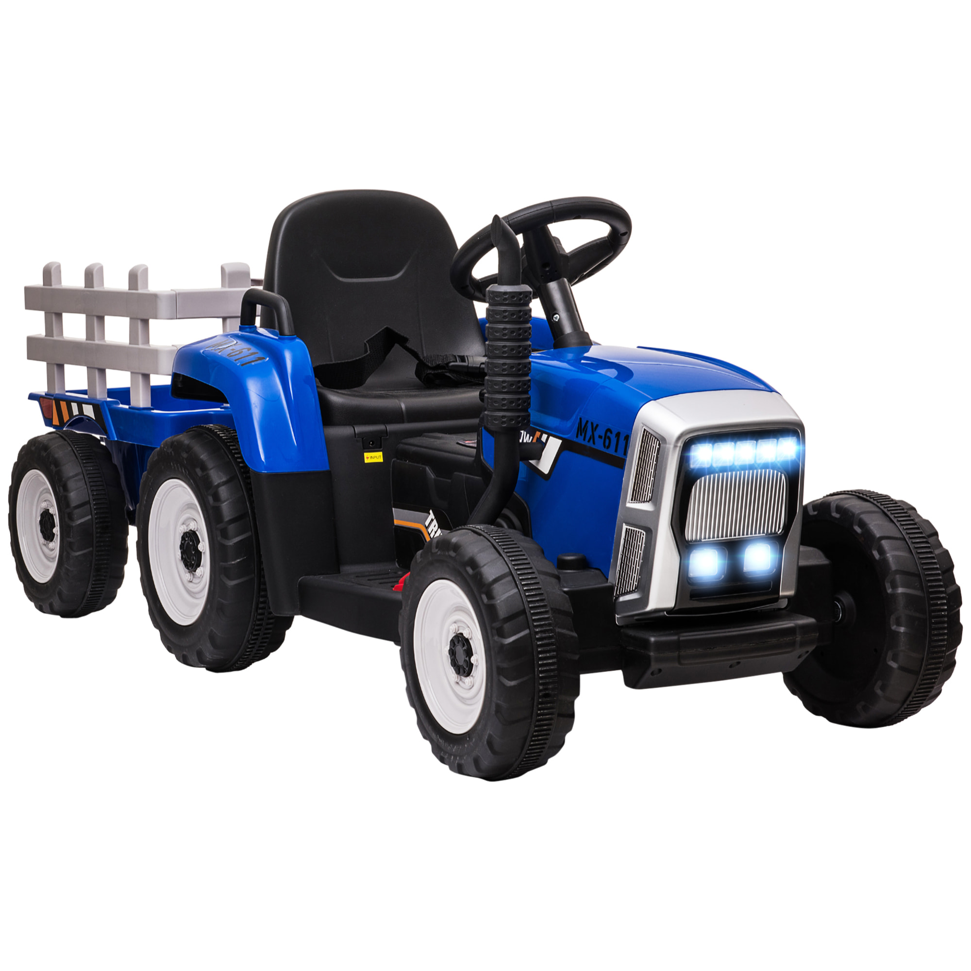 Tractor Eléctrico con Remolque Desmontable Coche Eléctrico para Niños 3-6 Años con Control Remoto Música MP3 Pantalla Luces y Cinturón de Seguridad 136,5x50x52,5 cm Azul