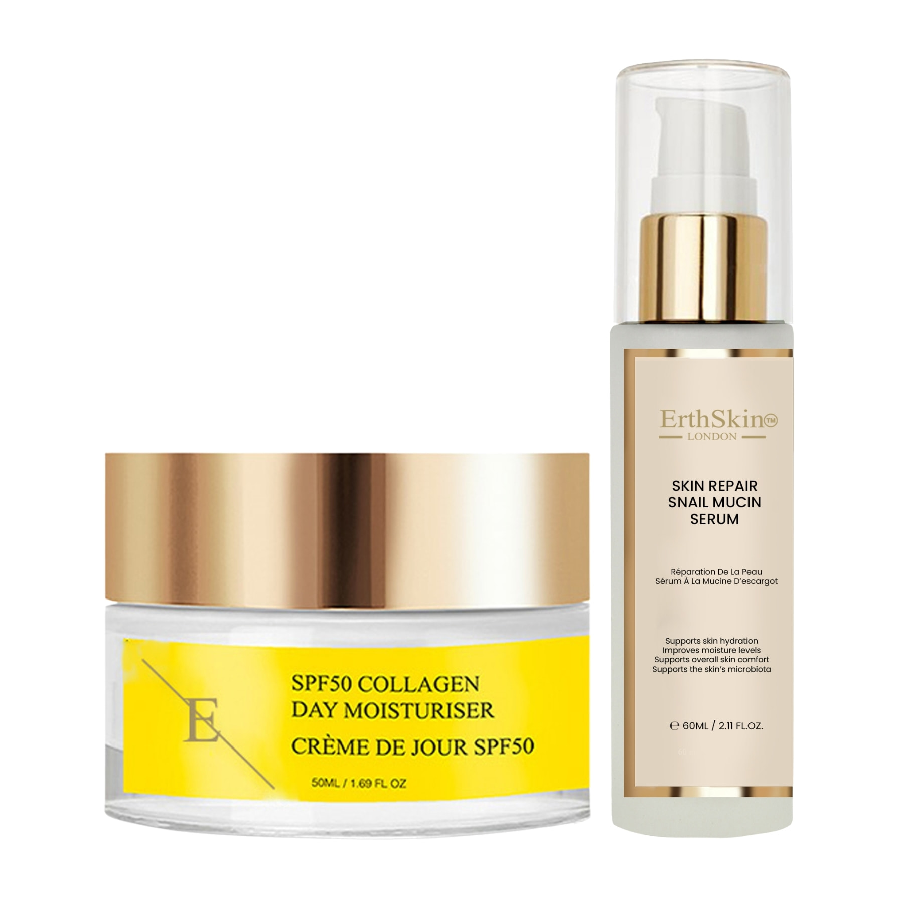 Sérum reparador de piel con extracto de caracol + crema de día con colágeno y SPF 50