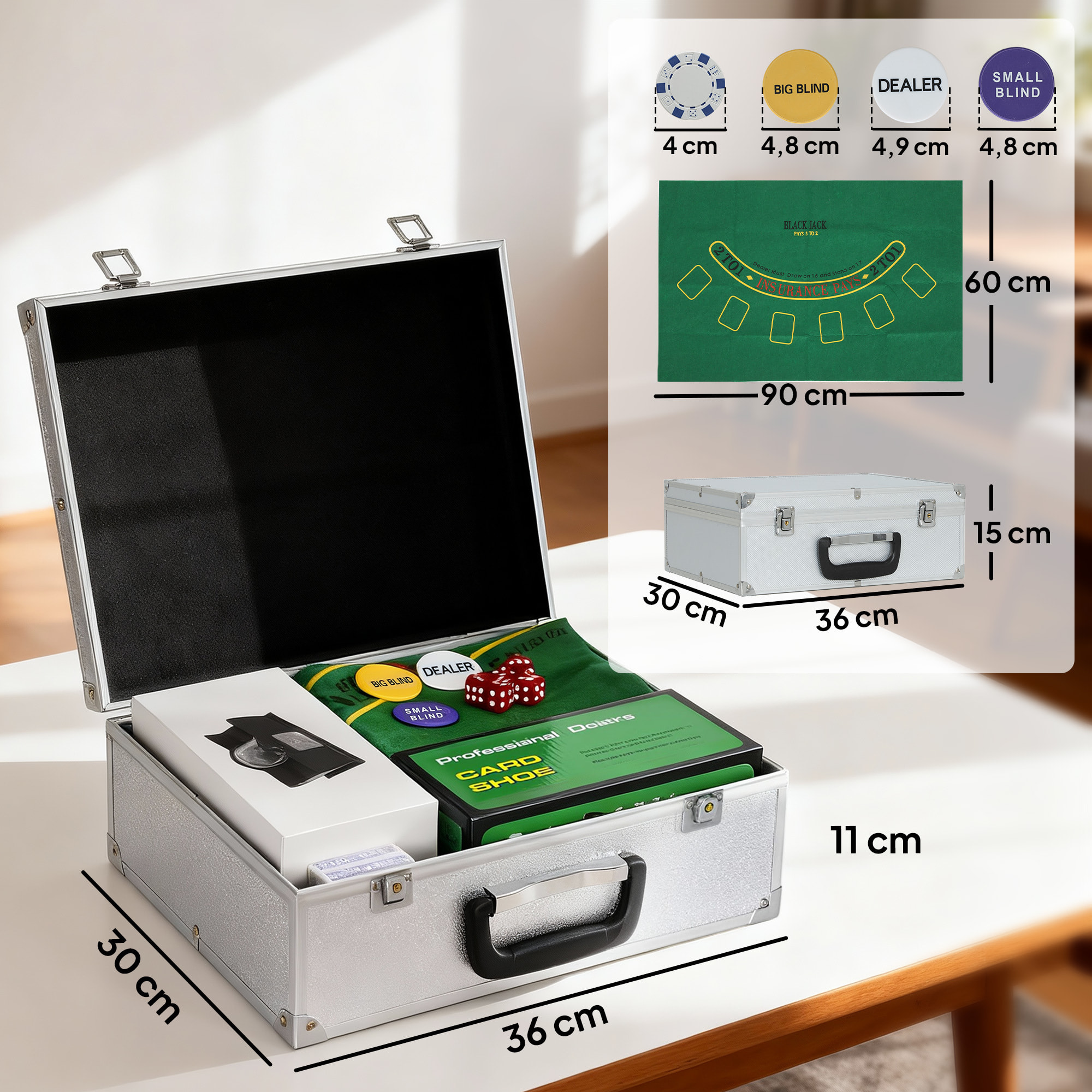 Mallette pro de poker 300 jetons 2 jeux cartes 5 dés 3 boutons sabot mélangeur tapis