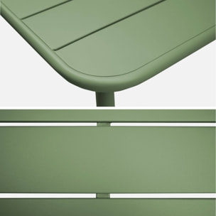 Table de jardin métal 4 places. vert. Amelia. 120x70cm. traitement antirouille. lattes et bords arrondis