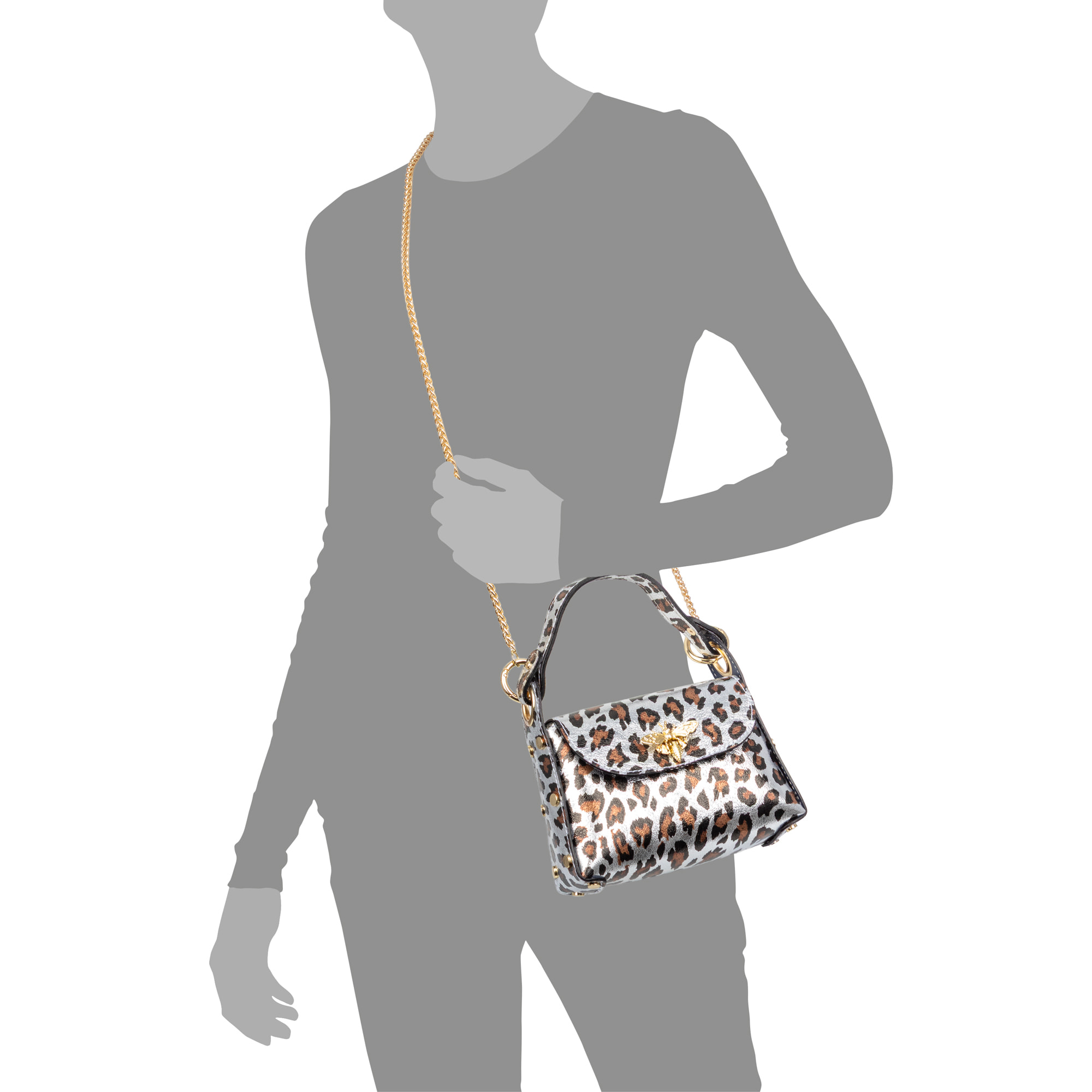 Aquileia bolso de mano mujer. Piel auténtica Gamuza con estampado animal print leopardo lacada brillante.