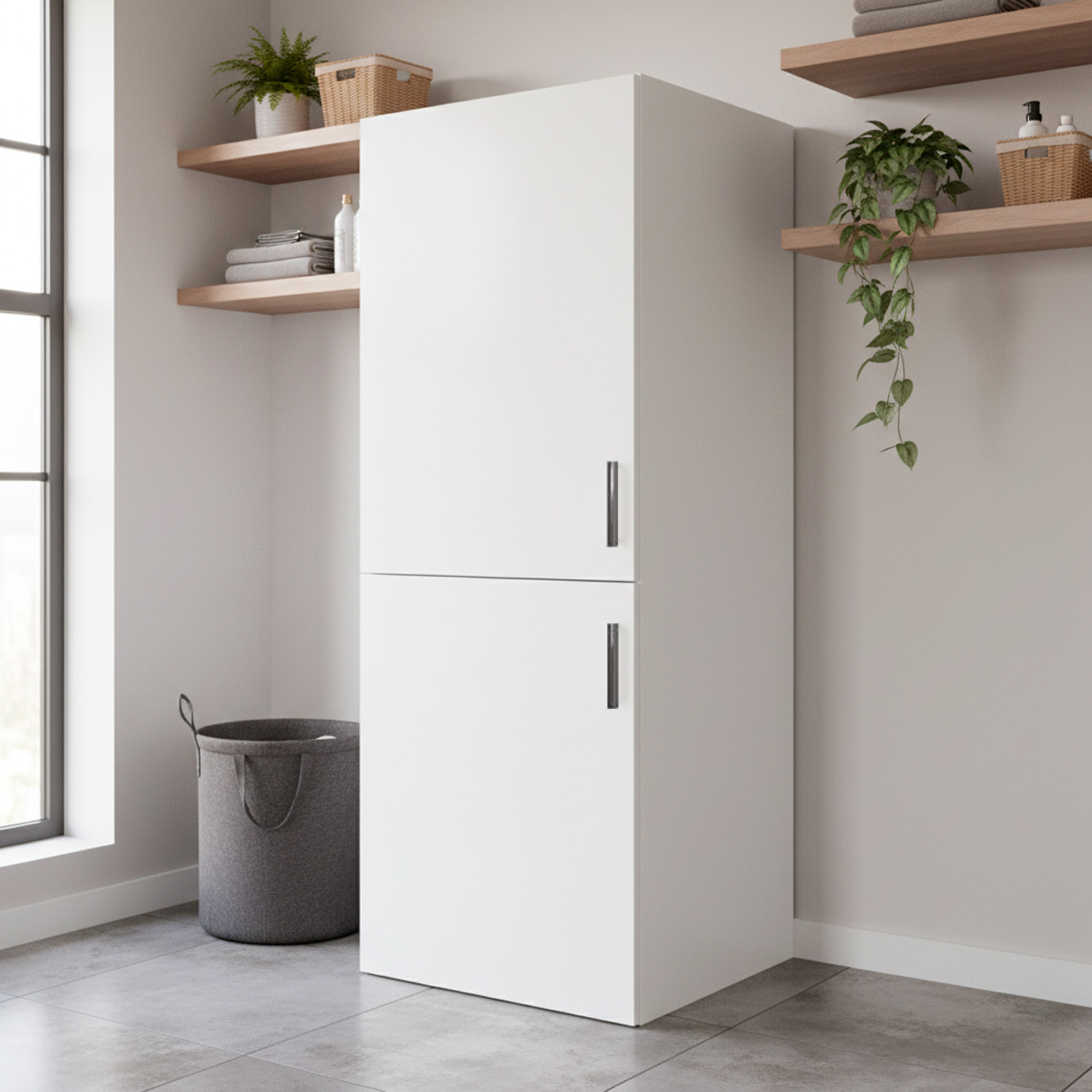 Mobile Lavatrice Asciugatrice Con 2 Ante E Ripiani Mobiletto Lavanderia Bagno Armadietto Verticale Salvaspazio Vano Incasso  70 × 70 × 180 Cm Bianco