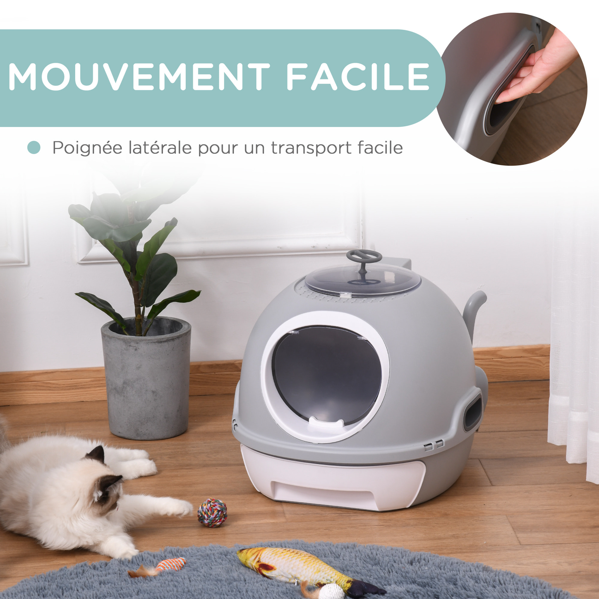 Maison de toilette portable pour chat tiroir à litière coulissant porte battante lucarne + pelle fournis dim. 47L x 55l x 44H cm gris