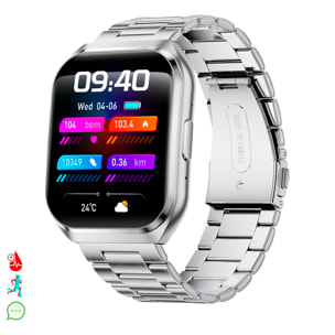 Smartwatch QS66. Schermo da 1,83" con batteria a lunga durata. Chiamate Bluetooth, assistente vocale, monitor della salute e molteplici modalità sportive. Cinturino in metallo.