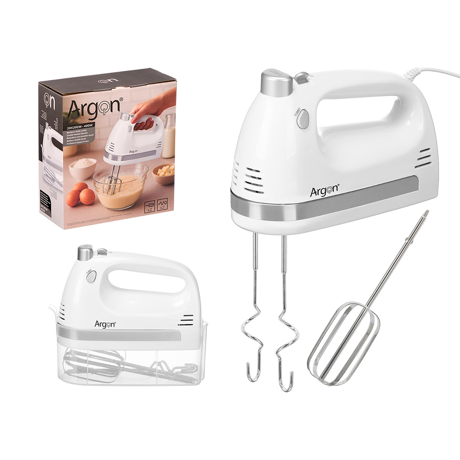 Batidora blanca de mano con doble varilla. 5 velocidades con 400W. Incluye acoples para batir y amasar.