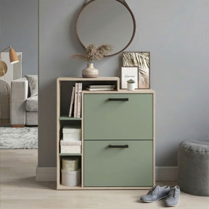 Sena - Scarpiera Salvaspazio 2 Ante 80x90x24,5 cm 12 Paia con Mensole e Ripiano Svuotatasche in Legno Salvia