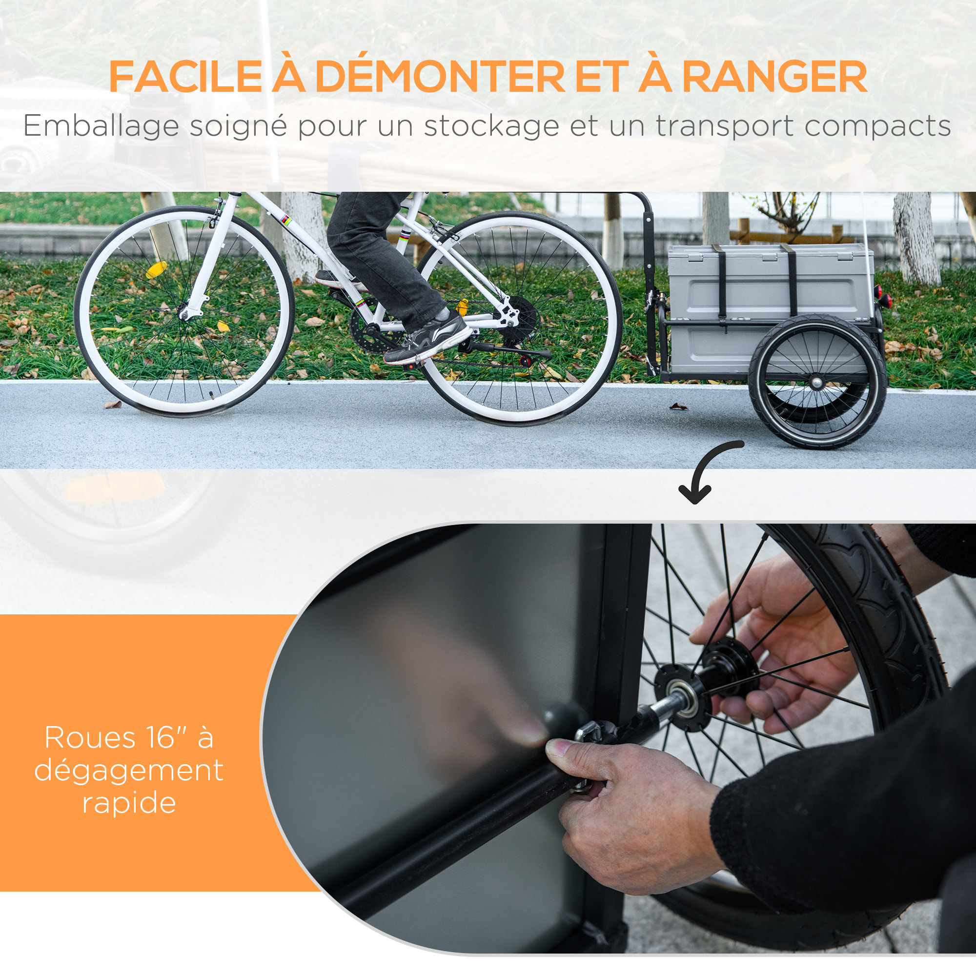 Remorque chariot à vélo avec coffre de rangement amovible pliable 65L