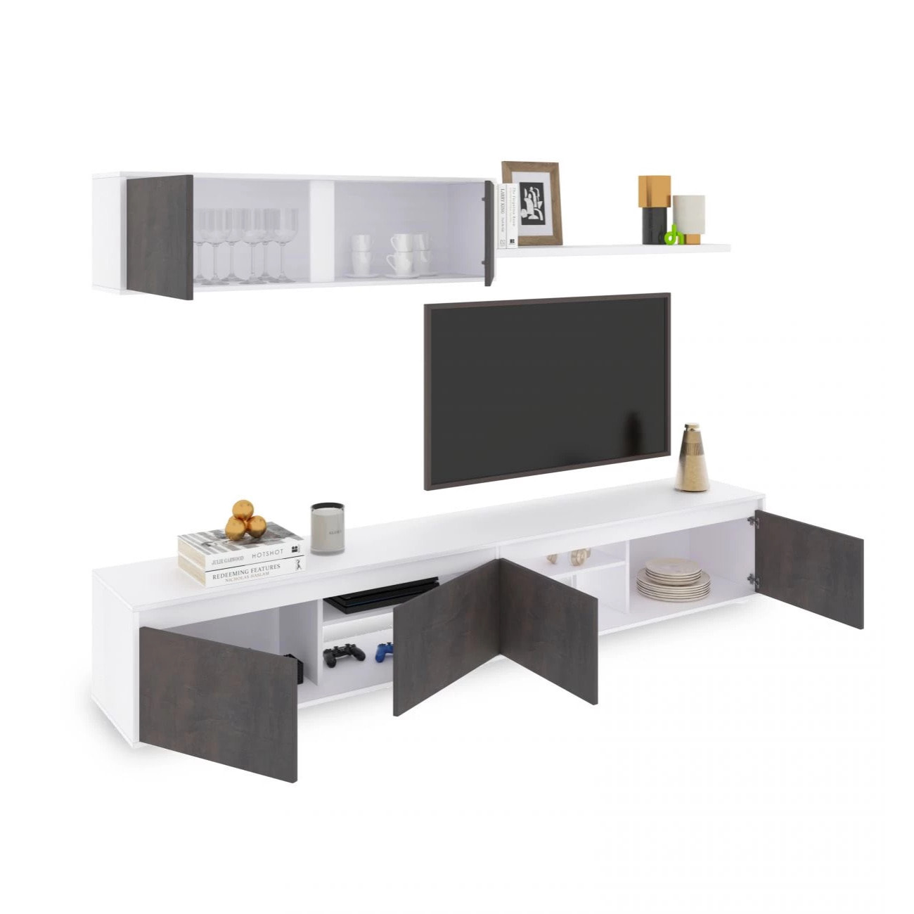 Salón con mueble de TV y estantería en blanco mate y óxido 200 cm Arlet Blanco Artik (Blanco Mate) - Óxido